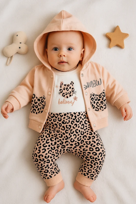 Hırkalı Miav Nakışlı Leopar Desenli Badili 3’lü Bebek Takım