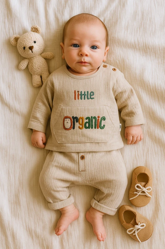 Little Organic Nakışlı Önden Cepli 2’li Bebek Takım