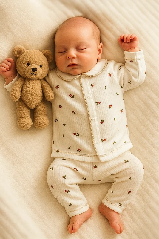 Minik Laleler Baskılı Raporlu Kumaş 2’li Bebek Pijama Takım