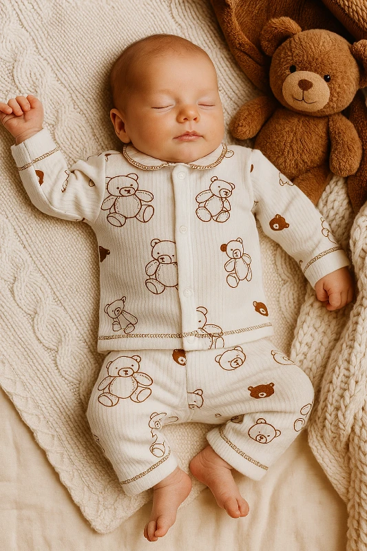 Oyuncak Ayıcık Baskılı Raporlu Kumaş 2’li Bebek Pijama Takım