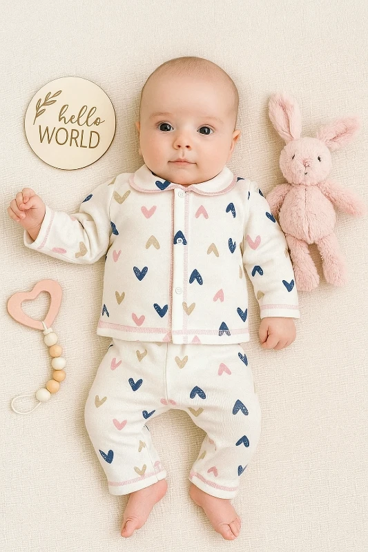 Renkli Kalpler Baskılı 2’li Bebek Pijama Takım