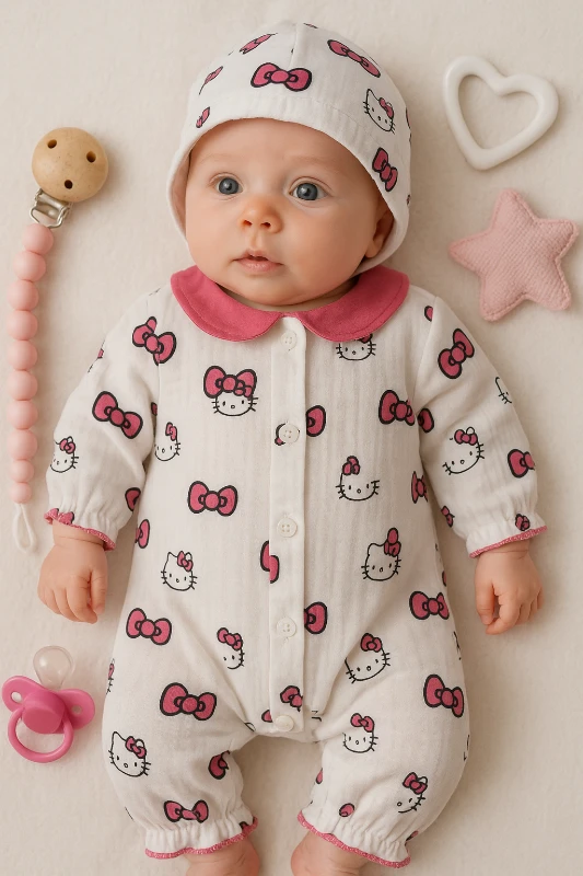 Hello Kty Baskılı Şapkalı Müslin Kumaş Bebek Tulum