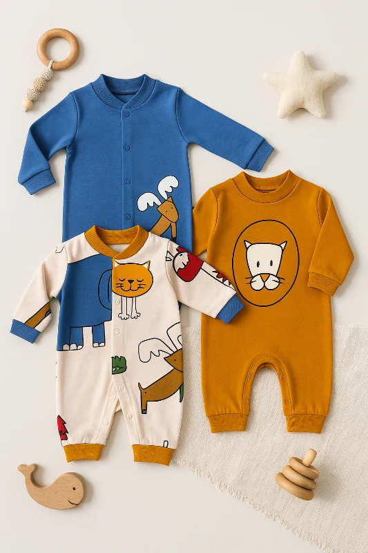 Hayvanlar Alemi Baskılı 3’lü Bebek Tulum Set