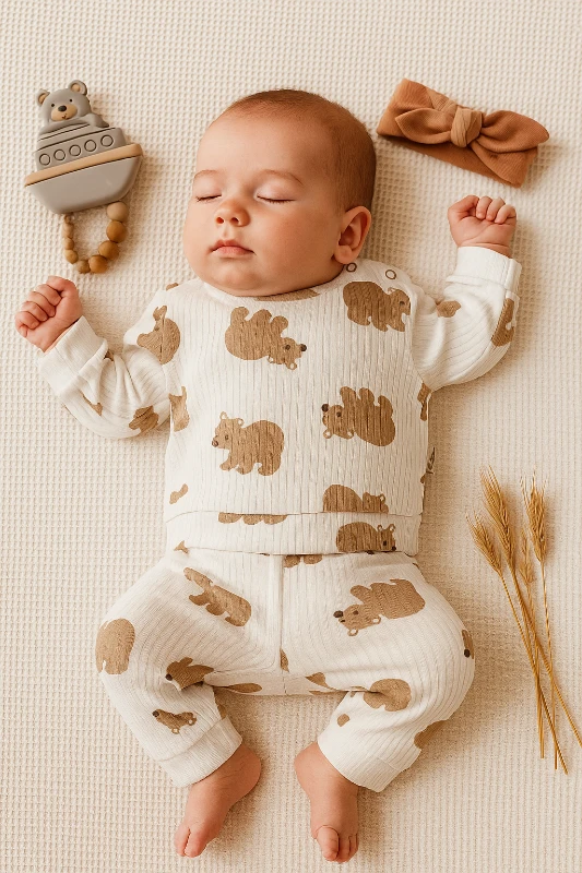 Kutup Ayıları Baskılı Raporlu Kumaş 2’li Bebek Pijama Takım