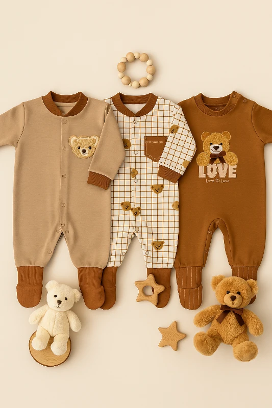 Love Ayıcık Nakışlı Kendinden Çoraplı 3’lü Bebek Tulum Set
