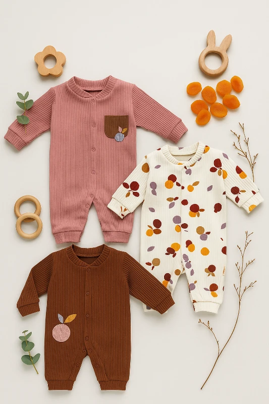 Şeftali Nakışlı Raporlu Kumaş 3’lü Bebek Tulum Set