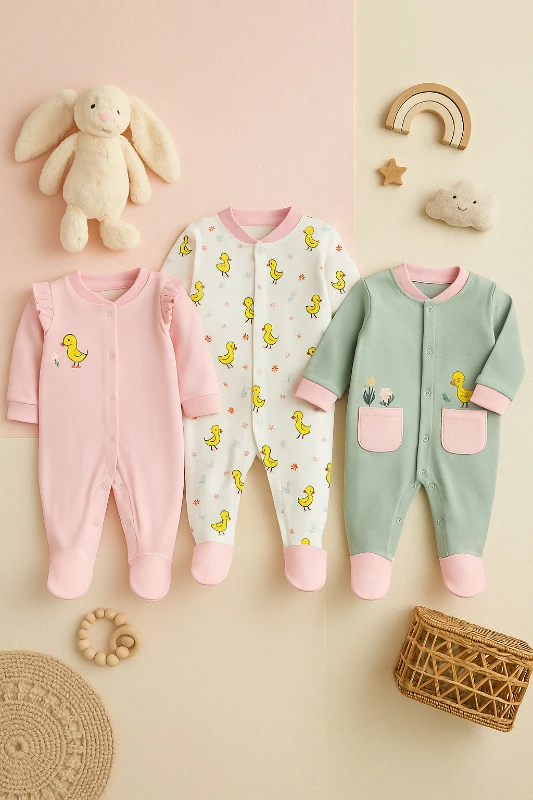 Sevimli Ördekler Baskılı 3’lü Bebek Tulum Set