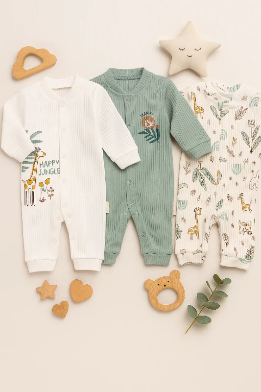 Zürafa Baskılı Raporlu Kumaş 3’lü Bebek Tulum Set