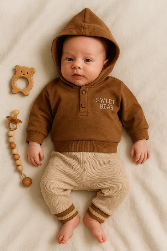 Sweet Bear Baskılı Kapüşonlu 2’li Bebek Takım