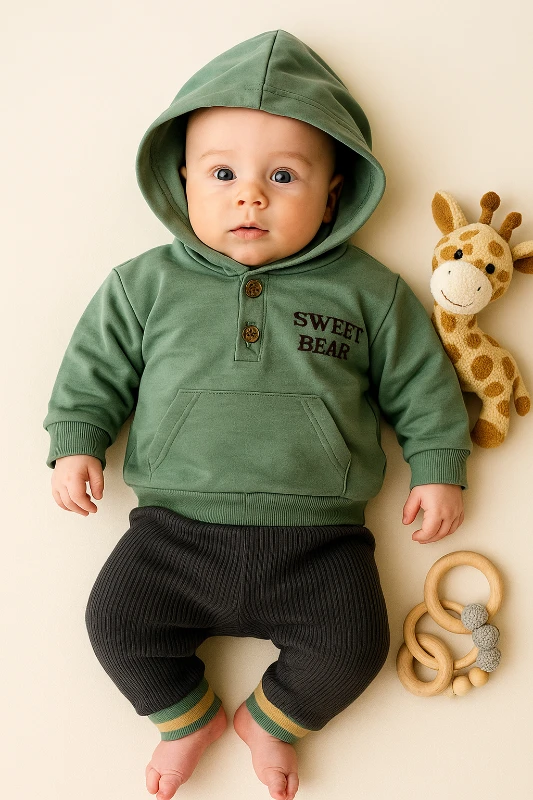 Sweet Bear Baskılı Kapüşonlu 2’li Bebek Takım