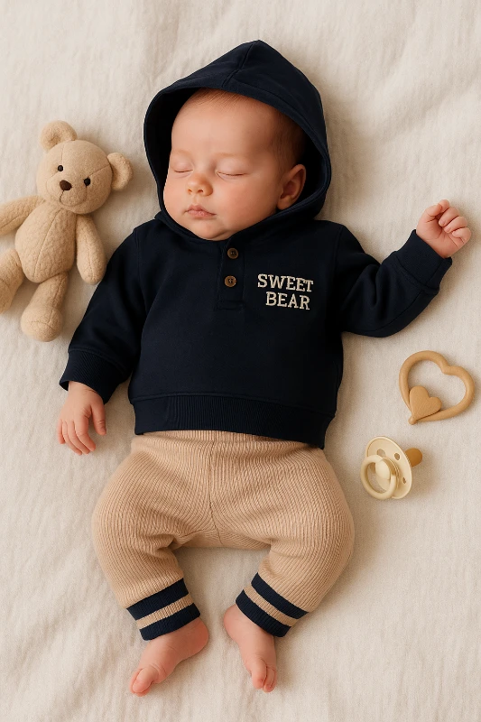 Sweet Bear Baskılı Kapüşonlu 2’li Bebek Takım
