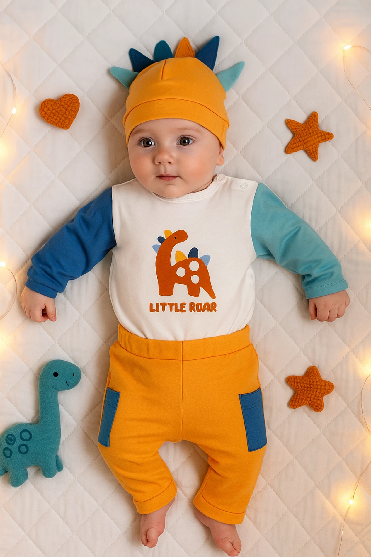 Little Dinozor Baskılı Şapkalı 3’lü Bebek Takım