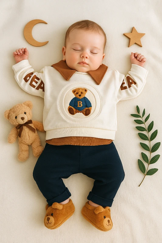 Kolları Bear Baskılı 2’li Bebek Takım