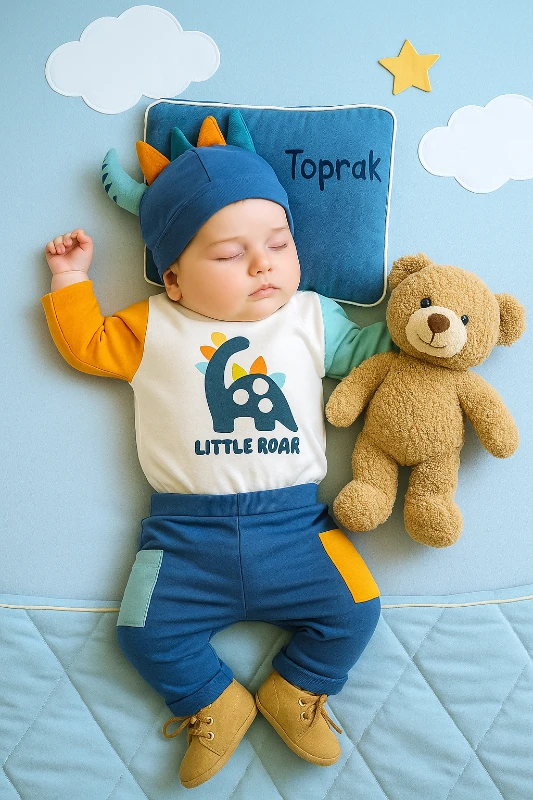 Little Dinozor Baskılı Şapkalı 3’lü Bebek Takım