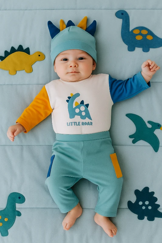 Little Dinozor Baskılı Şapkalı 3’lü Bebek Takım