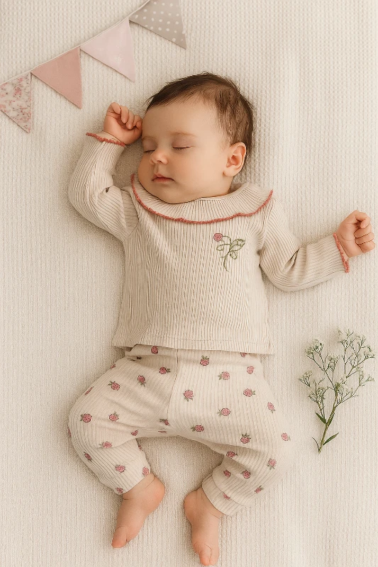 Yakası Fırfırlı Ahududu Baskılı Raporlu Kumaş 2’li Bebek Takım