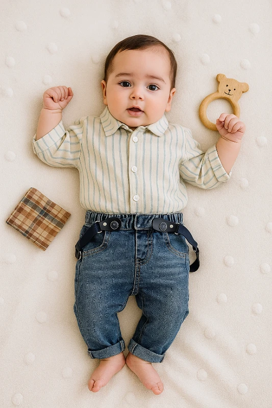 Askılı Kot Pantolonlu Çizgili Gömlekli 2’li Bebek Takım