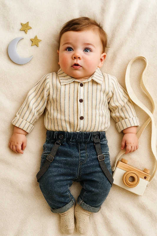 Askılı Kot Pantolonlu Çizgili Gömlekli 2’li Bebek Takım