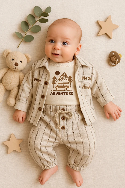 2207 Adventure Baskılı Çizgili Gömlekli Pantolonlu Müslin Kumaş 3’lü Bebek Takım
