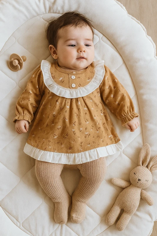 Yakası Fırfırlı Çiçek Desenli Kız Bebek Elbise