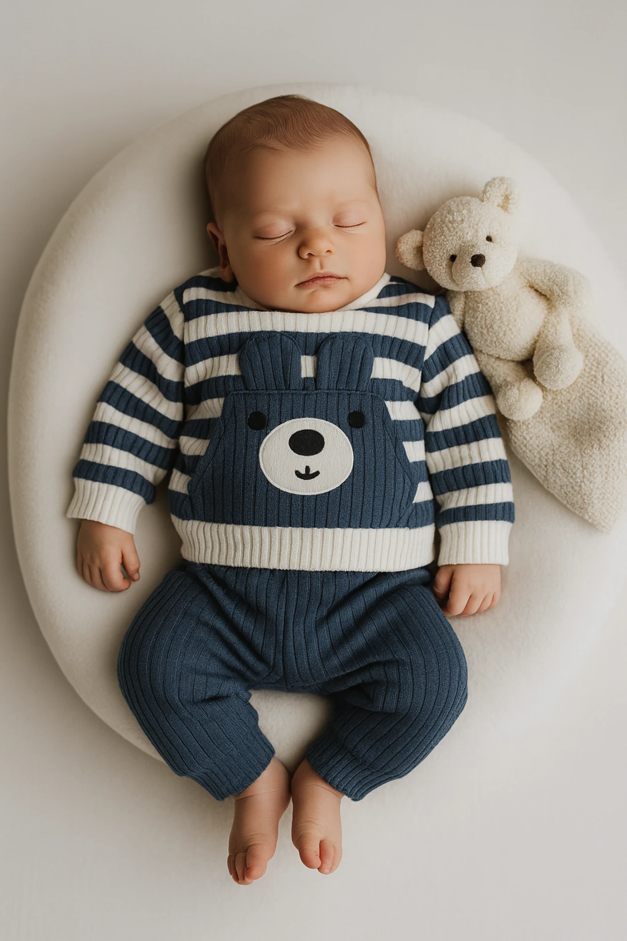 Önden Cepli Ayıcık Nakışlı Çizgili Raporlu Kumaş 2’li Bebek Takım