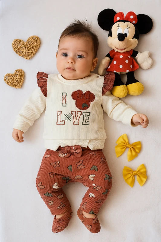 I Love Minie Nakışlı Raporlu Kumaş 2’li Bebek Takım