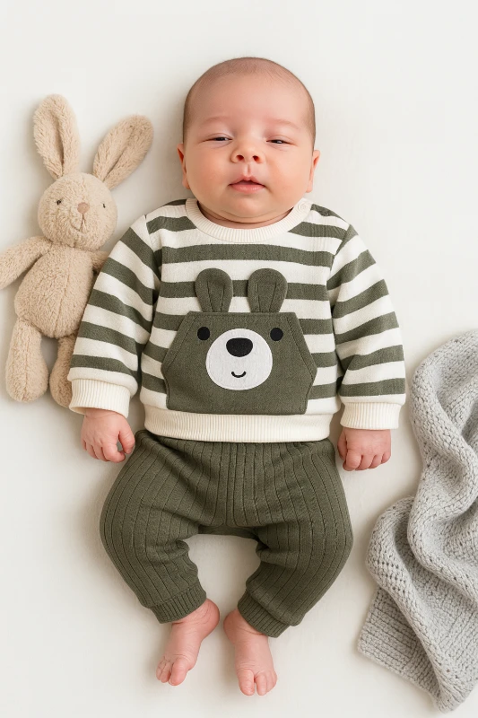 Önden Cepli Ayıcık Nakışlı Çizgili Raporlu Kumaş 2’li Bebek Takım