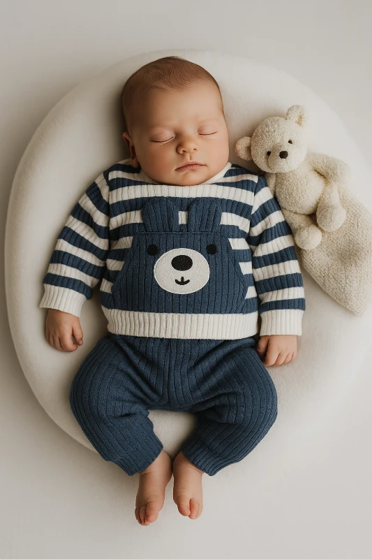 Önden Cepli Ayıcık Nakışlı Çizgili Raporlu Kumaş 2’li Bebek Takım