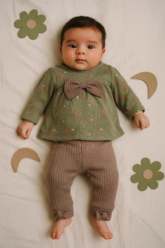 Büyük Fiyonklu Çiçekler Desenli 2’li Bebek Takım