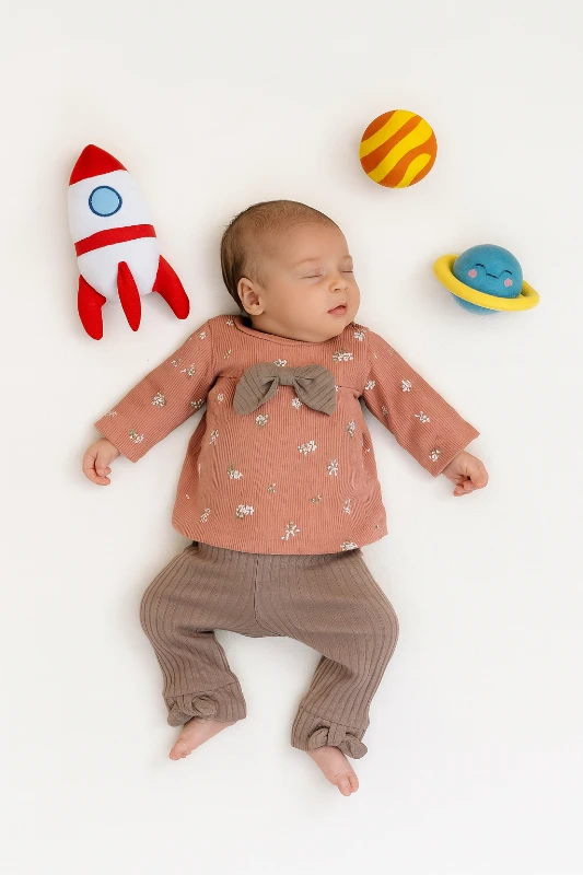 Büyük Fiyonklu Çiçekler Desenli 2’li Bebek Takım