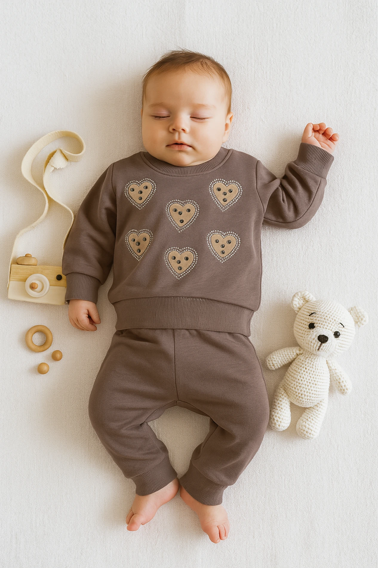 İnci Taşlı Kalp Nakışlı 2’li Bebek Takım