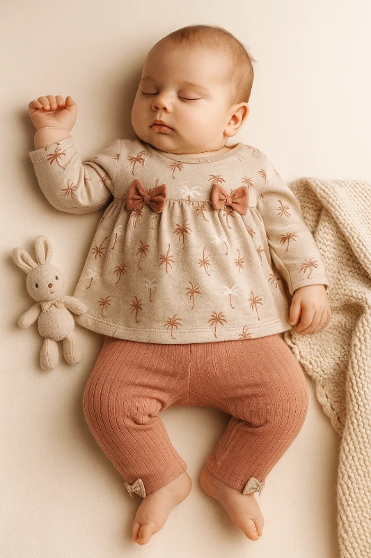 Çift Fiyonklu Palmiye Baskılı 2’li Bebek Takım