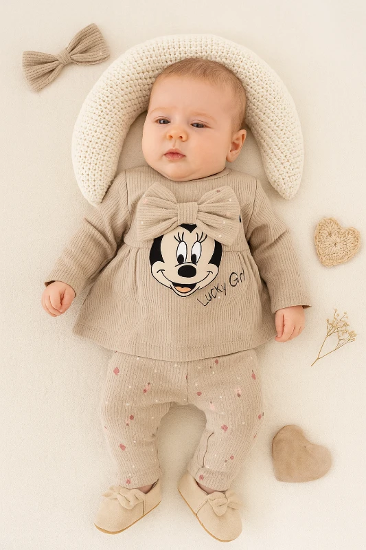 Fiyonklu Minie Baskılı Raporlu Kumaş 2’li Bebek Takım