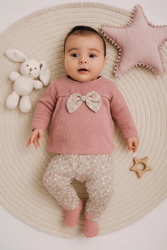 Fiyonklu Taytı Çiçekli Raporlu Kumaş 2’li Bebek Takım
