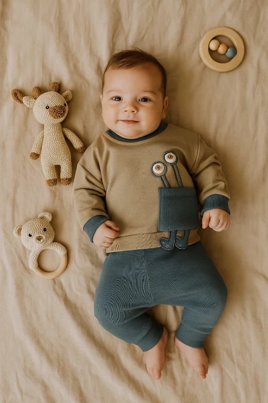 Sevimli Göz Aksesuarlı Cepli 2’li Bebek Takım