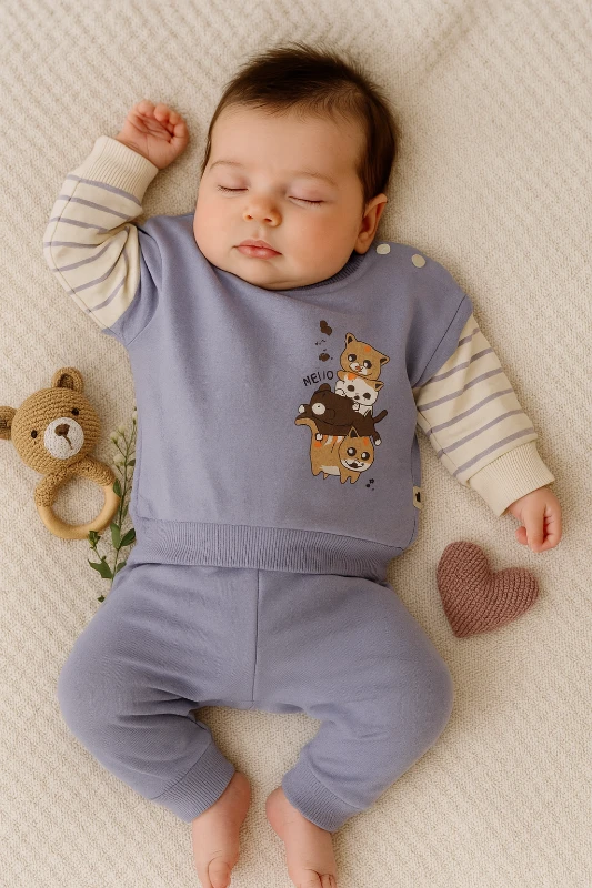 Sevimli Kediler Baskılı 2’li Bebek Takım