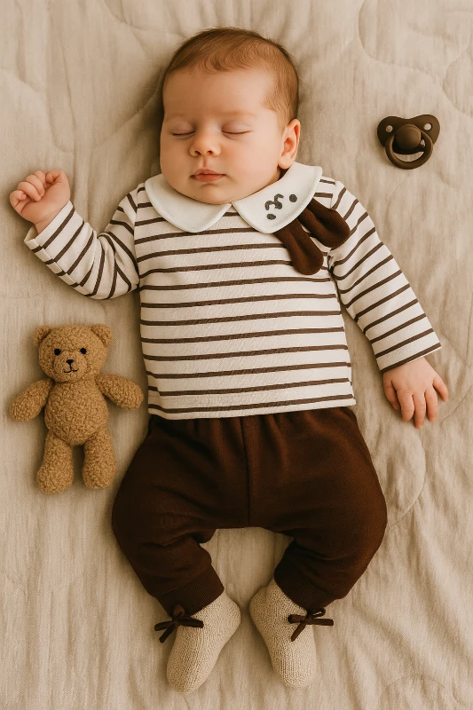 Yakası Kulaklı Tavşan Nakışlı Çizgili 2’li Bebek Takım