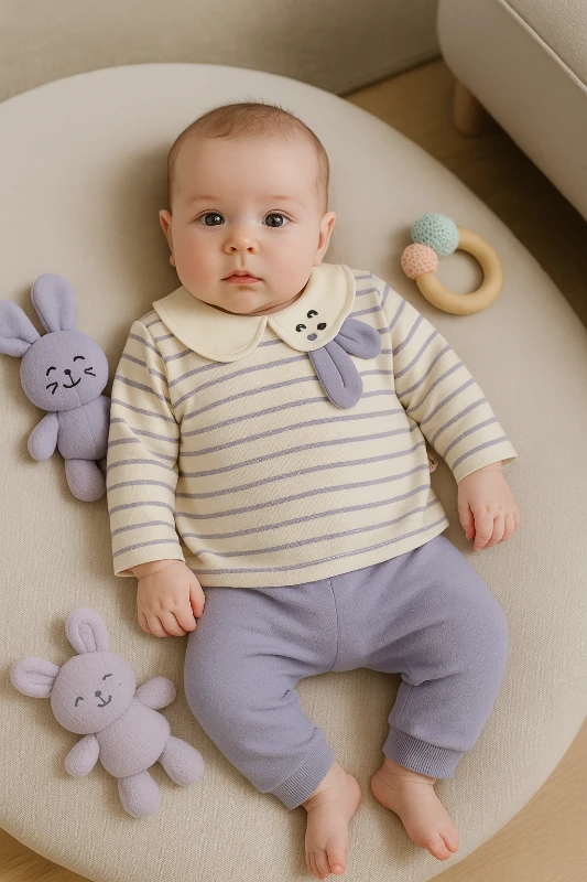 Yakası Kulaklı Tavşan Nakışlı Çizgili 2’li Bebek Takım