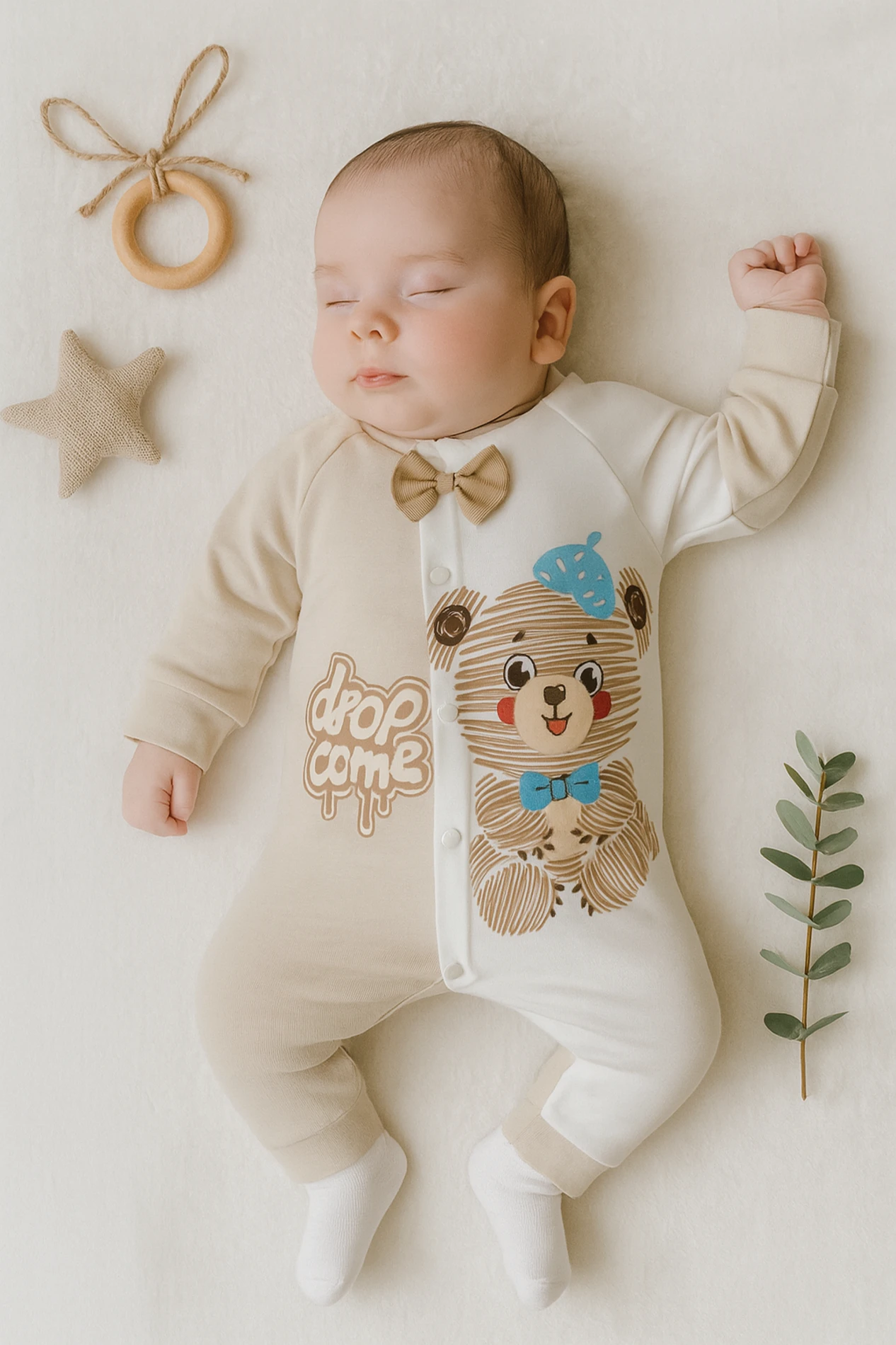 Papyonlu Drop Come Ayıcık Baskılı Çıtçıtlı Bebek Tulum