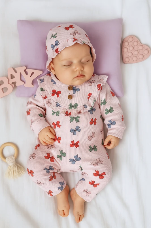 Fiyonklar Baskılı Şapkalı Raporlu Kumaş Bebek Tulum