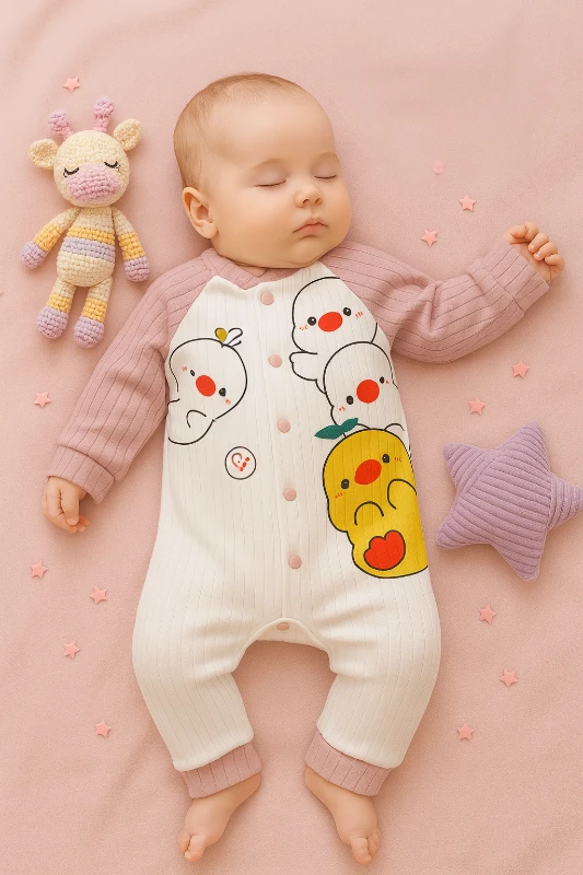 Hi Ördekler Baskılı Raporlu Kumaş Bebek Tulum