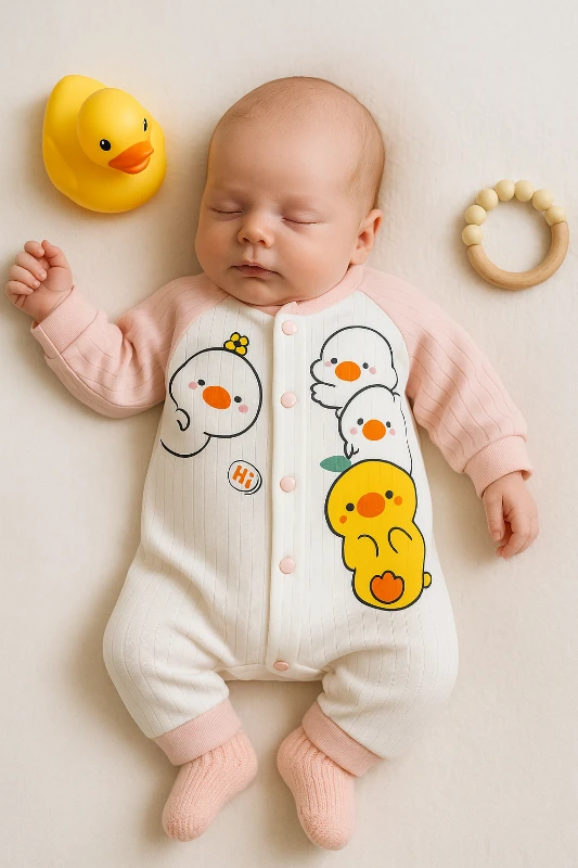 Hi Ördekler Baskılı Raporlu Kumaş Bebek Tulum