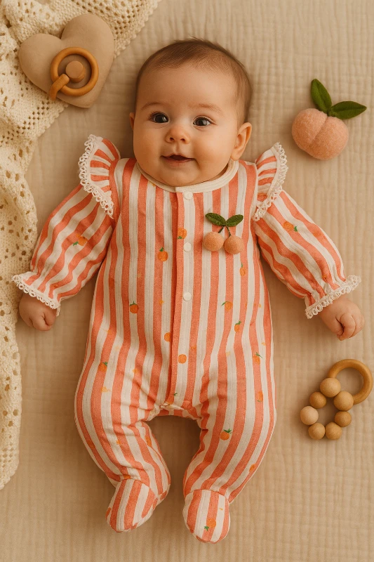 Kiraz Aksesuarlı Kolları Fırfırlı Çizgili Bebek Tulum