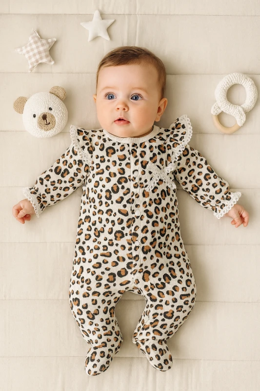 Leopar Desenli Kolları Dantel Detaylı Kendinden Patikli Bebek Tulum