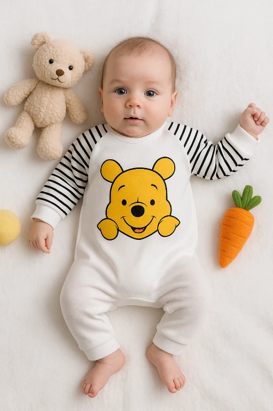 Pooh Baskılı Kolları Çizgili Bebek Tulum